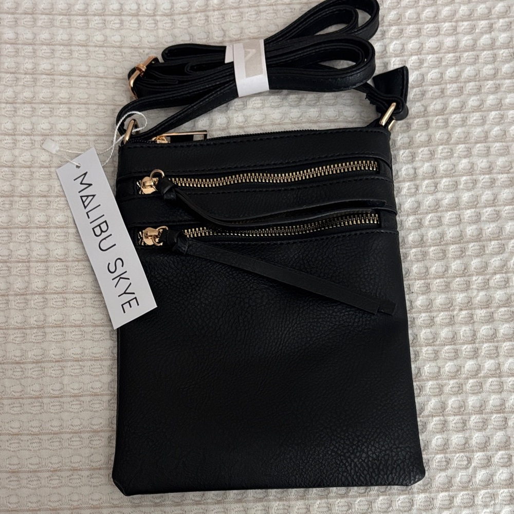 NWT Malibu Skye Sleek Black Crossbody Bag with Gold Details